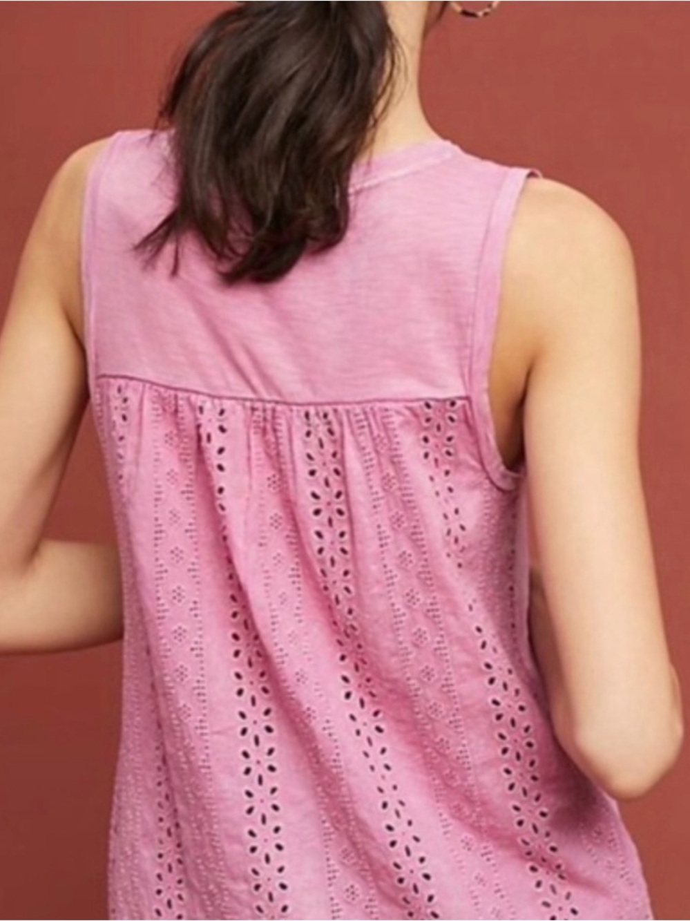 Anthropologie Eri Ali Lucie Mauve Pink Eyelet V Neck Tank Top size medium boho
